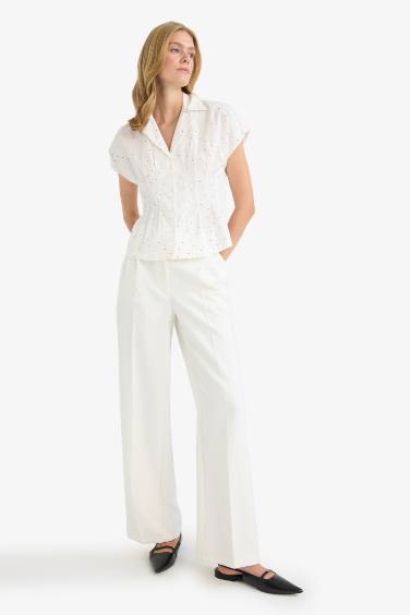 Slim Fit Jacket Collar Poplin Polka Dot Short Sleeve Shirt