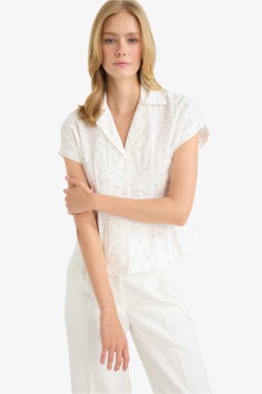 Slim Fit Jacket Collar Poplin Polka Dot Short Sleeve Shirt