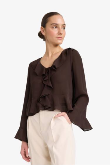 Regular Fit ұзын жеңді шифон блузка