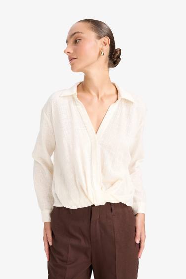 Regular Fıt Gömlek Yaka Pamuklu Uzun Kollu Bluz