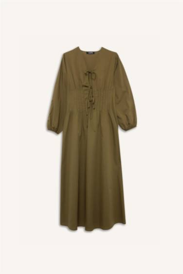 V-Neck Poplin Tie Front Long Sleeve Maxi Dress