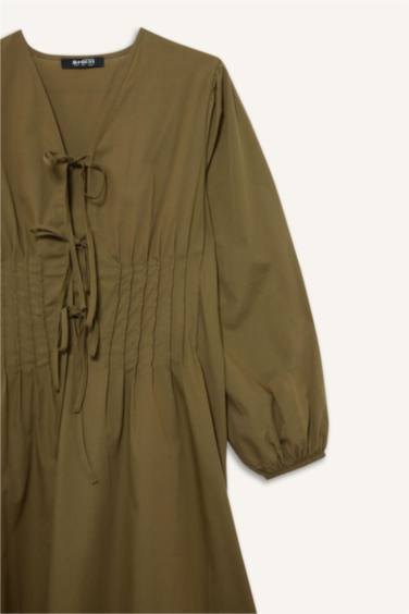 %100 Pamuk V Yaka Poplin Önden Bağlamalı Uzun KolluMaxi Elbise - Görsel 5