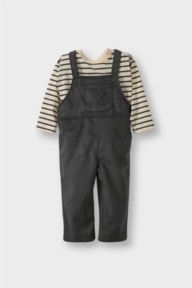 Erkek Bebek 2'li Takım Çizgili Uzun Kollu Tişört Fitilli Kadife Salopet