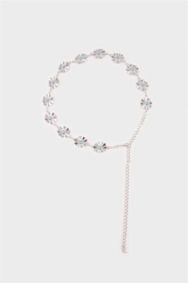 Kadın Mavi Taşlı Çiçekli Silver Bel Zinciri