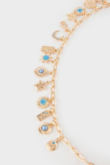 Kadın Mavi Taşlı Charmlı Bel Zinciri