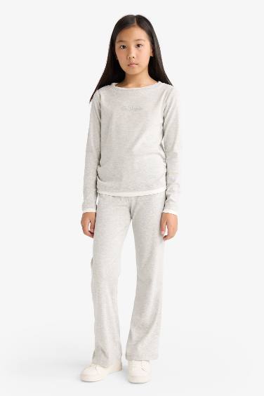 Kız Çocuk 2'li Takım Baskılı Uzun Kollu Tişört Eşofman Altı 