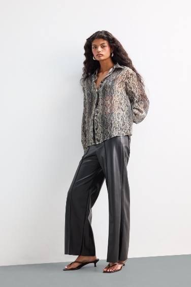 Wide Leg Fermuarlı Uzun Deri Pantolon