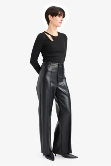 Wide Leg Fermuarlı Uzun Deri Pantolon