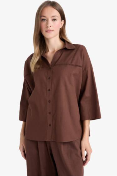 Relax Fit Flamlı Pamuk Uzun Kollu Gömlek