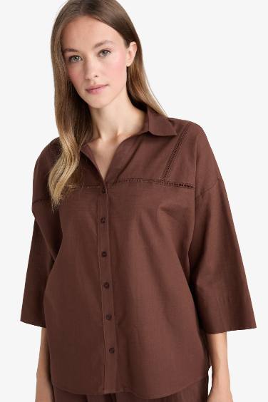 Relax Fit Flamlı Pamuk Uzun Kollu Gömlek