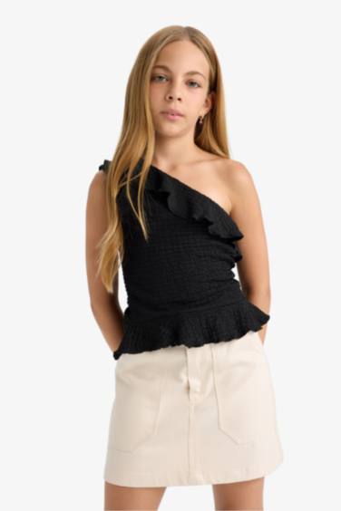 بلوزة بناتي مكشكش بكتف واحد سليم فيت