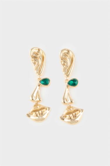 Kadın Yeşil Taşlı Sallantılı Gold Küpe