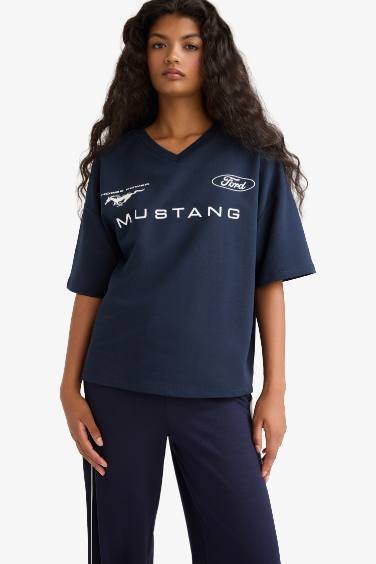 Ford Motor Company Oversize Geniş Kalıp Bisiklet Yaka Sırt Baskılı Kısa Kollu Tişört