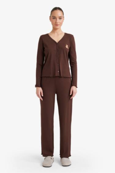 Pijama Takımı Regular Fit Ayıcıklı Düğmeli Uzun Kollu Üst Uzun Alt