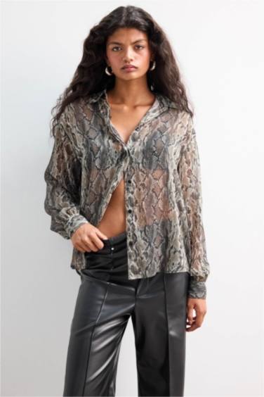 Regular Fit Snakeskin Patterned Chiffon Shirt