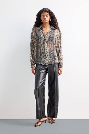 Regular Fit Snakeskin Patterned Chiffon Shirt