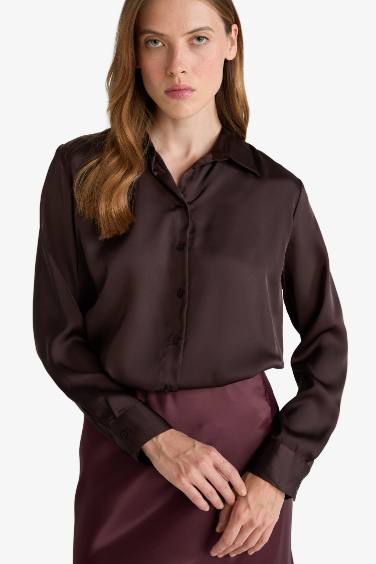 Oversize Geniş Kalıp Saten Uzun Kollu Gömlek