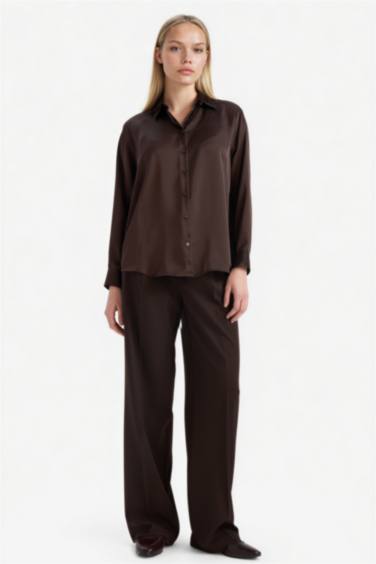 Oversıze Gömlek Yaka Saten Uzun Kollu Gömlek