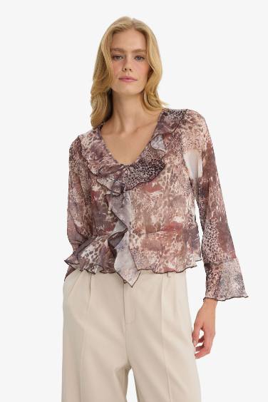Regular Fit V-Neck Patterned Ruffle Front Chiffon Blouse