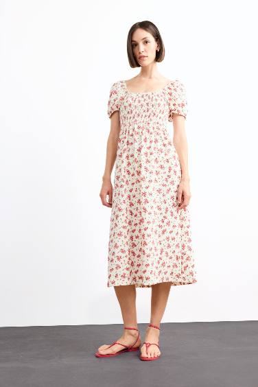 A Line Floral Crepe Short Sleeve Midi Dress