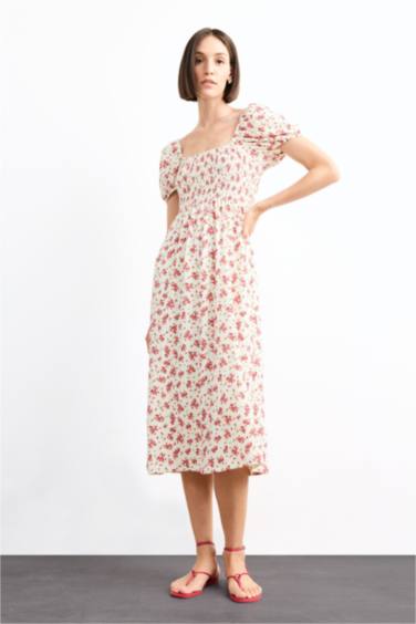 A Line Floral Crepe Short Sleeve Midi Dress