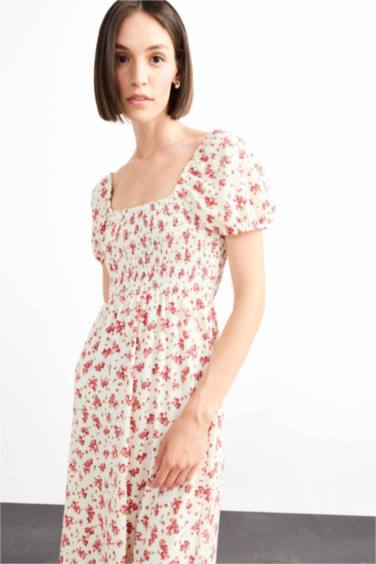 A Line Floral Crepe Short Sleeve Midi Dress