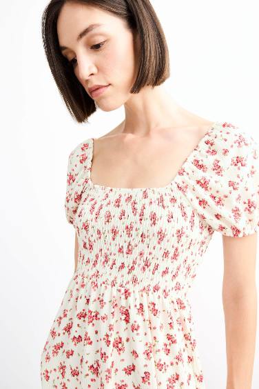 A Line Floral Crepe Short Sleeve Midi Dress