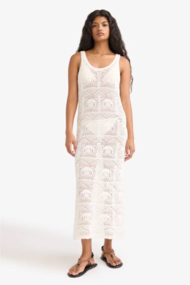 Slim Fit Dar Kesim Bisiklet Yaka Kroşe Triko Kolsuz Elbise