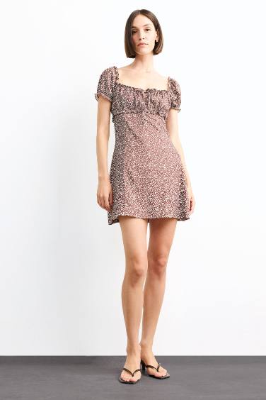 A Line Floral Crepe Short Sleeve Dress