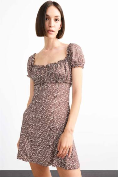 A Line Floral Crepe Short Sleeve Dress