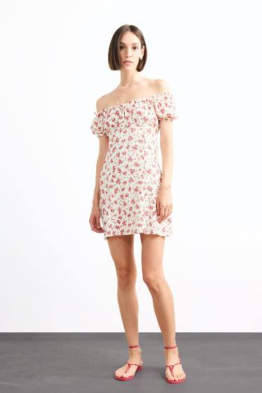 A Line Floral Crepe Short Sleeve Dress