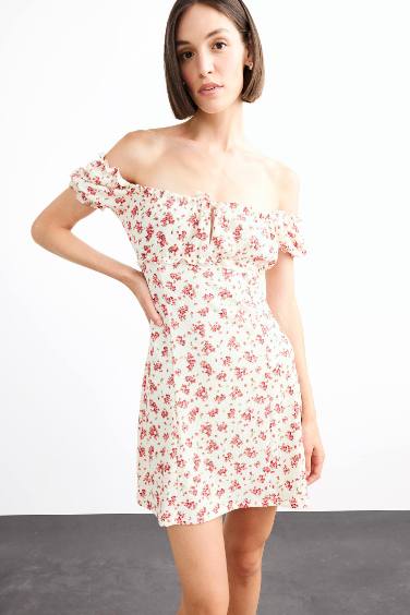A Line Floral Crepe Short Sleeve Dress