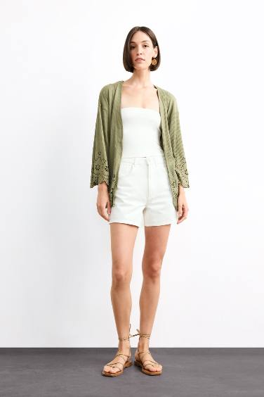 Fitted Bürümcük Brode Bağlamalı Uzun Kollu Bluz