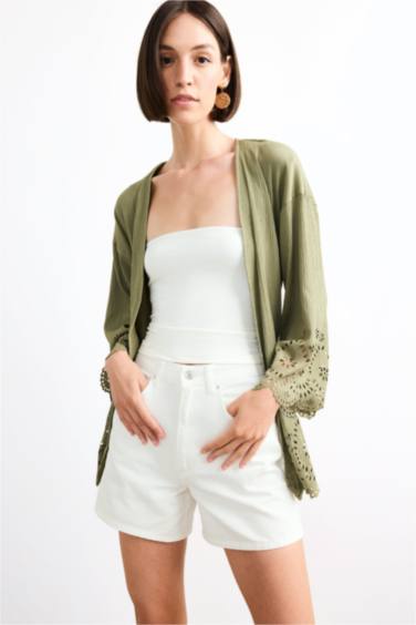 Fitted Bürümcük Brode Bağlamalı Uzun Kollu Bluz