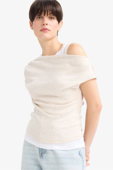 Slim Fit Dar Kesim Tek Omuzlu Ribana Kısa Kollu Tişört