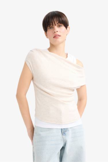 Slim Fit Dar Kesim Tek Omuzlu Ribana Kısa Kollu Tişört