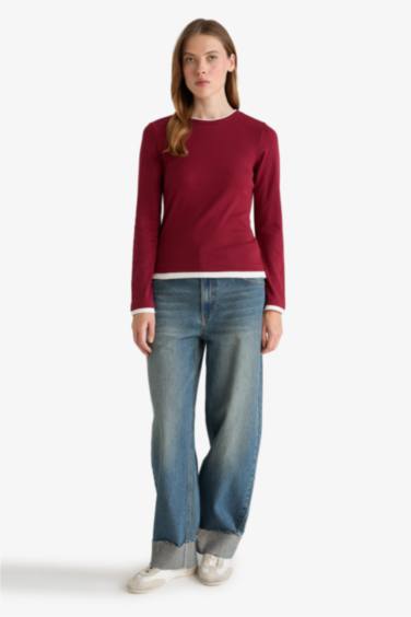 Regular Fit Bisiklet Yaka Uzun Kollu Ribana Üst