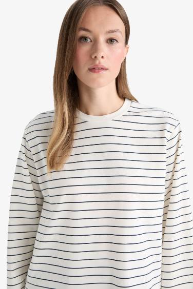 Regular Fit Bisiklet Yaka Uzun Kollu Çizgili Tunik