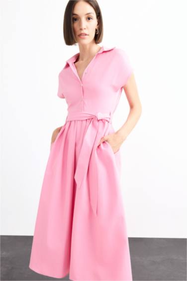 Terry Cotton Kısa Kollu Kemerli Midi Elbise