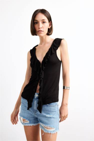 V-Neck Flounce Viscose Sleeveless Blouse