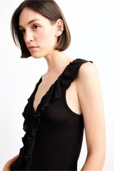 V-Neck Flounce Viscose Sleeveless Blouse