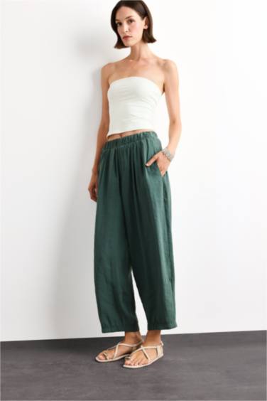 Relax Fit Beli Lastikli Düz Paça Bilek Boy Pantolon