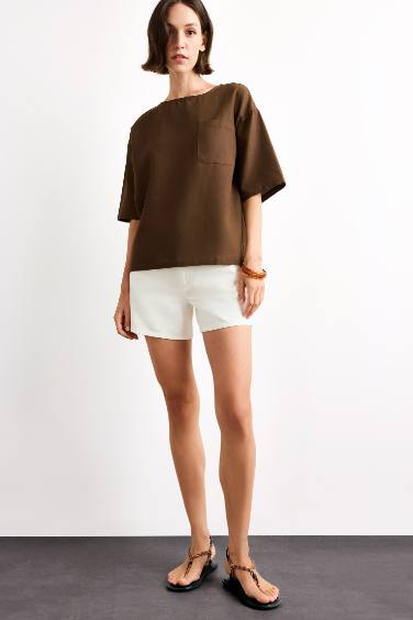 بلوزة نص ردن منسوج قصة مريحة بياخة مستديرة