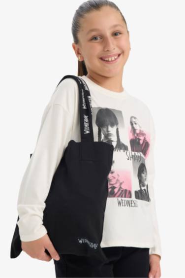 Kız Çocuk Wednesday Loose Fit Bisiklet Yaka Uzun Kollu Tişört