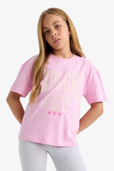 تيشيرت بنات نص كم قصة مريحة برقبة مستديرة