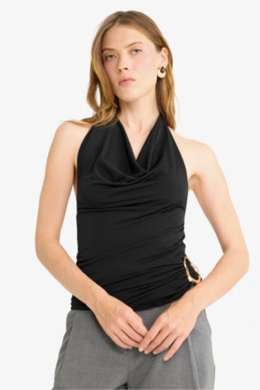 Regular Fit Halter Neck Buckle Detail Blouse