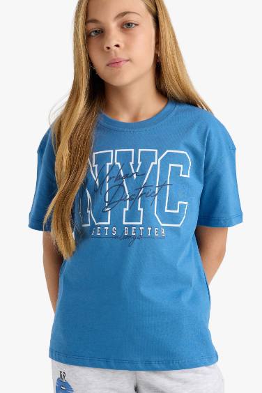 Kız Çocuk Relax Fit Bisiklet Yaka Baskılı Kısa Kollu Tişört