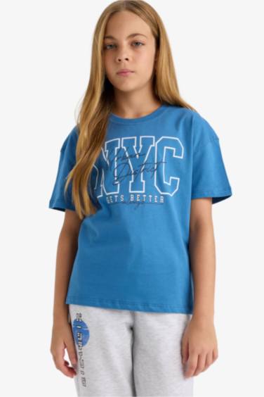 Kız Çocuk Relax Fit Bisiklet Yaka Baskılı Kısa Kollu Tişört