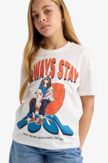 Girl Relax Fit Crew Neck Printed Short Sleeve T-Shirt