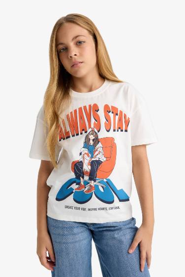 Girl Relax Fit Crew Neck Printed Short Sleeve T-Shirt